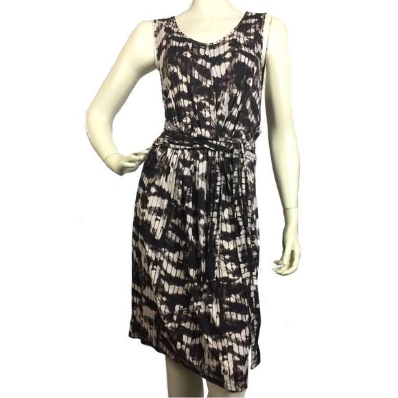 Weekend Max Mara Cream Brown Watercolor Tie Waist Sleeveless Dress Size XL - Picture 5 of 7